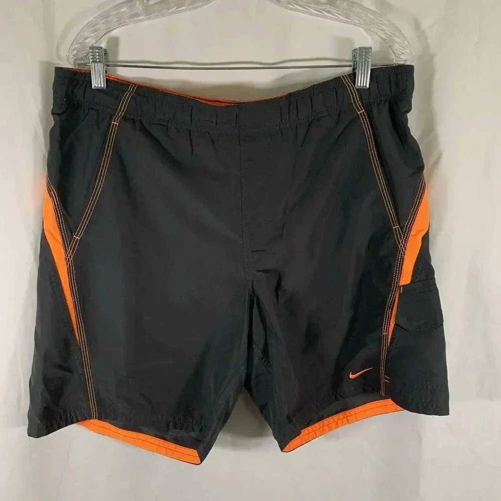 Nike Swim Trunks Men's Medium Grey Orange Lined Drawstring Pockets